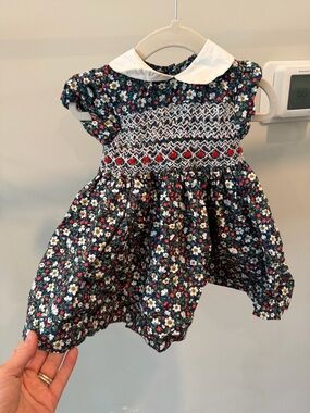 Navy Floral Smocked Girls' Dress with White Peter Pan Collar